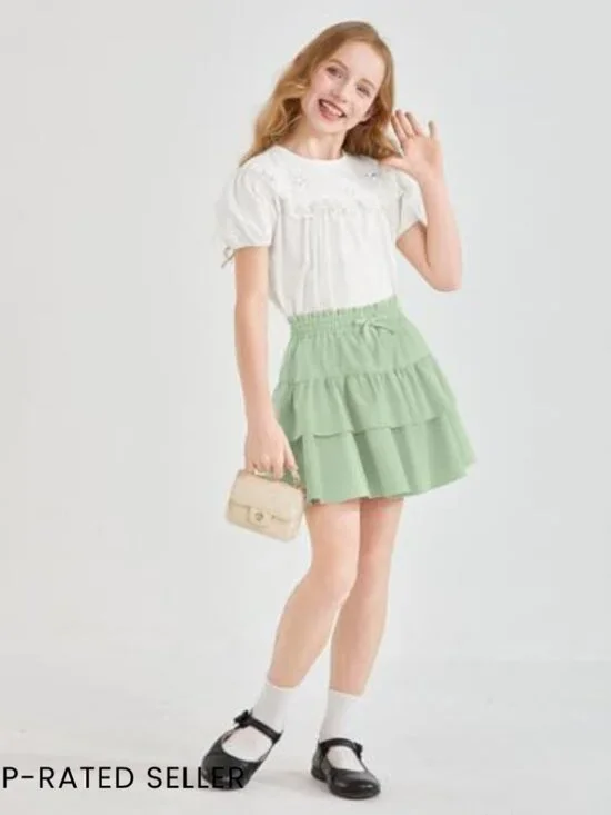 Ruffle Tiered Mini Skort High Waist Flowy Tennis Golf Skirt Girls Adjustable - Picture 2 of 7